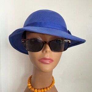 Vintage 50s USA Bollman Cloche Tilt Hat Cobalt Royal Blue Wool Felt Brim Ribbon